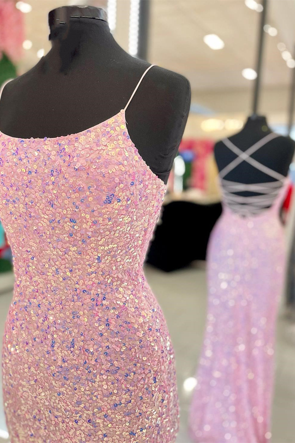 Pink Sequins Mermaid Long Formal Dress with Slit