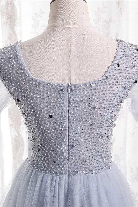 A-line Beaded Red Long Party Dress with Short Sleeves