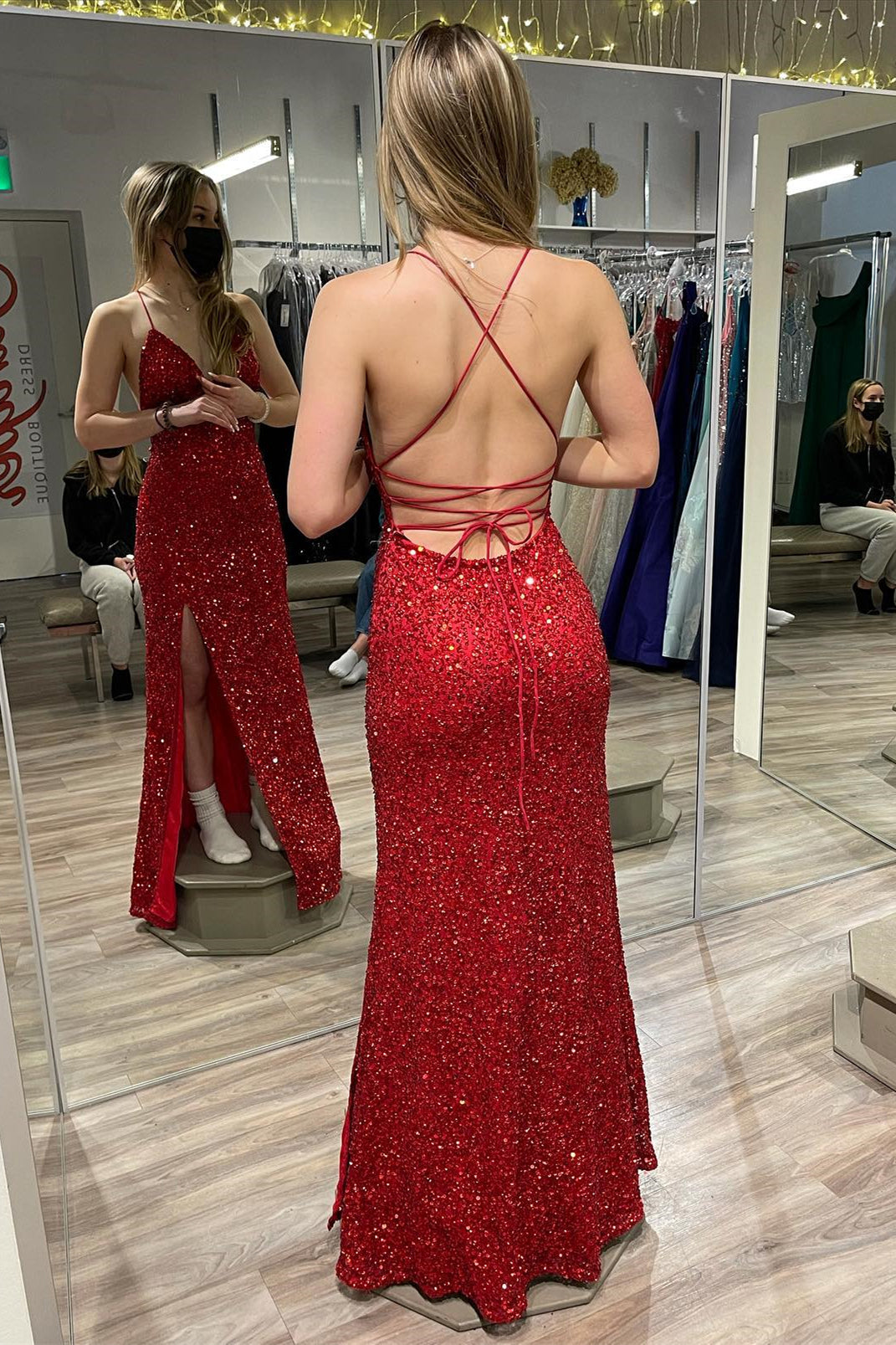 Straps Red Sequin V Neck Mermaid Long Formal Dress