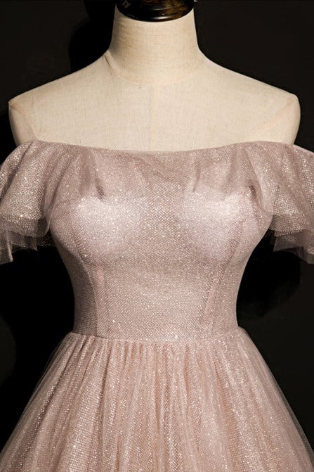 Shimmering Off the Shoulder Rose Gold Long Formal Dress