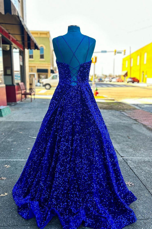 A-line Royal Blue Sequin V Neck Long Prom Dress