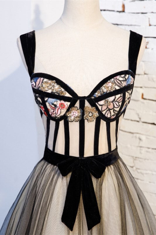 A-line Black Floral Long Formal Dress