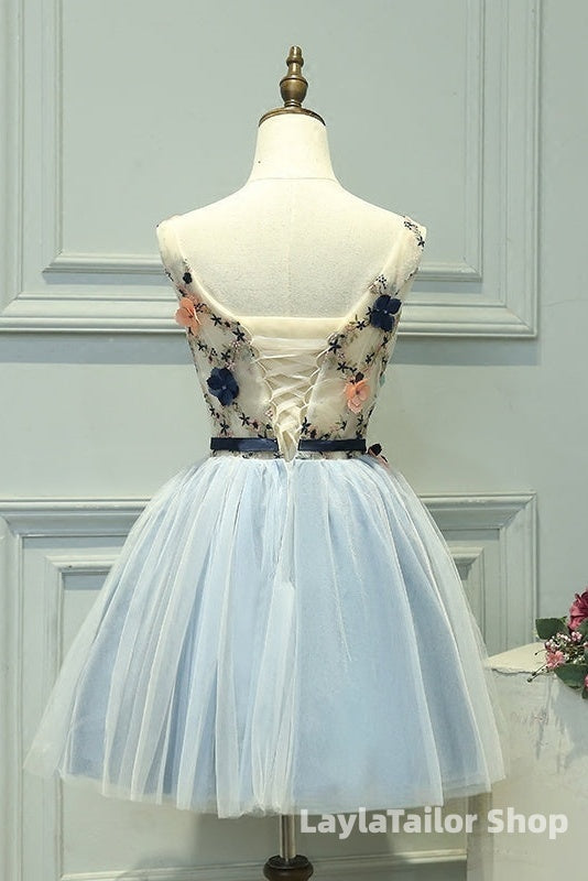 Cute Light Blue Short Tulle Homecoming Dress, Blue Formal Prom Dress