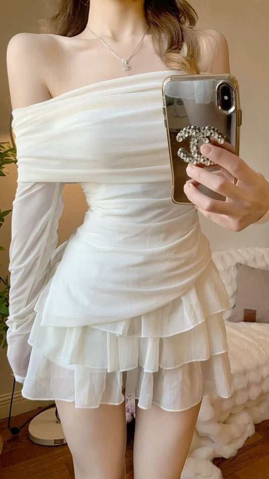 Off The Shoulder Chiffon Long Sleeves Homecoming Dresses Ivory Short Prom Dress,LTP3901