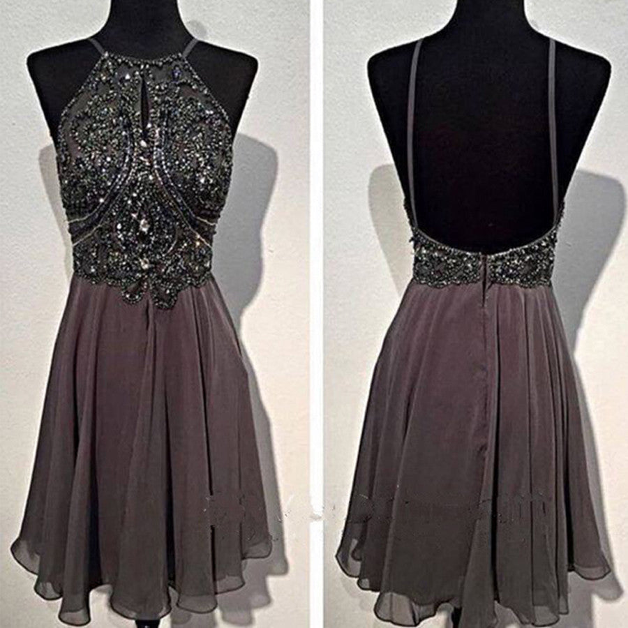 Dark grey sparkly special vintage open back sexy popular homecoming prom dress