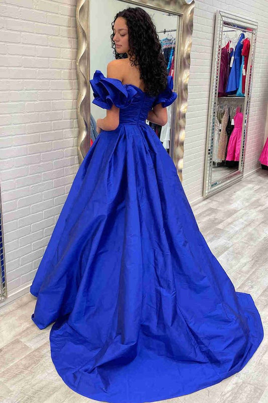 Flower Sleeves A-Line Hot Pink Evening Party Dress, Blue Long Satin Prom Dress 2024