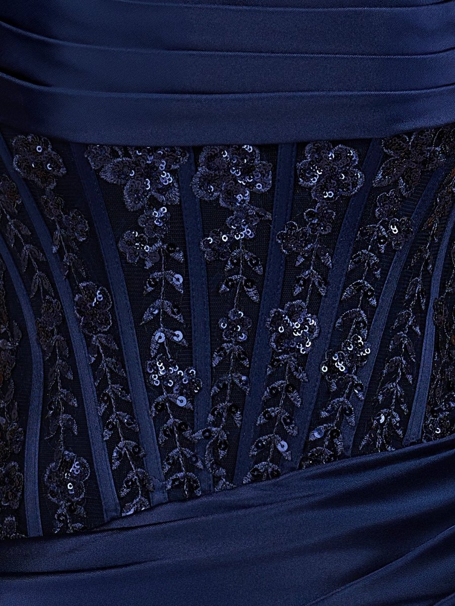 Navy Blue - Strapless Bodycon Satin Pleated Short Homecoming & Cocktail Dresses With Beading