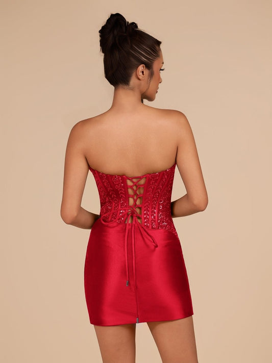 Red - Strapless Bodycon Satin Pleated Mini Party Dresses With Beading