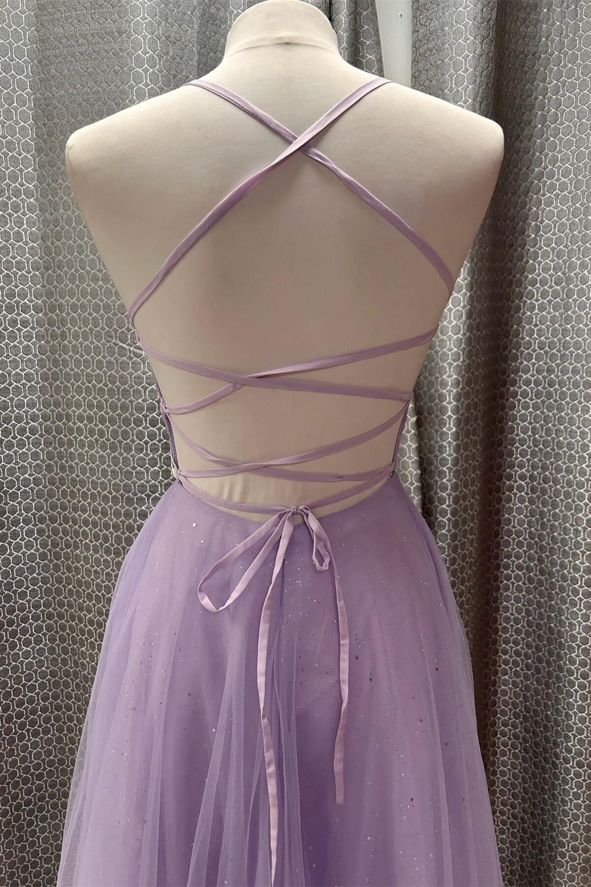 Straps Lavender Tulle Pleated Prom Dress