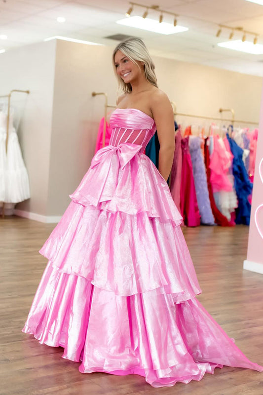 Ball Gown Strapless Pink Organza Ruffle Tiered Long Prom Dresses with Bowknot