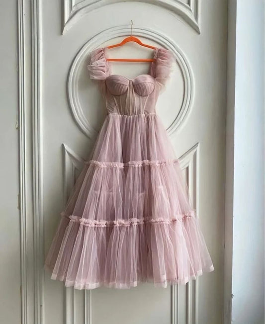 LTP1866,A-Line Pink Off The Shoulder Tulle Prom Homecoming Dresses