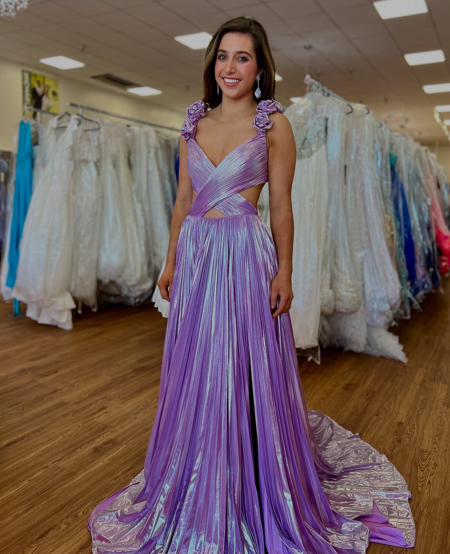 Metallic Hollowed-out Pleated A-line Prom Dress