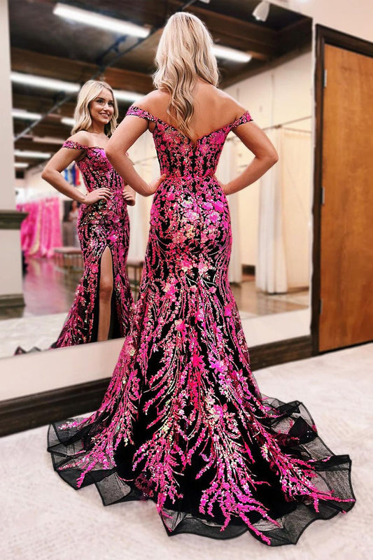 Attractive Fuchsia Sequin Lace Off the Shoulder Mermaid Prom Dress