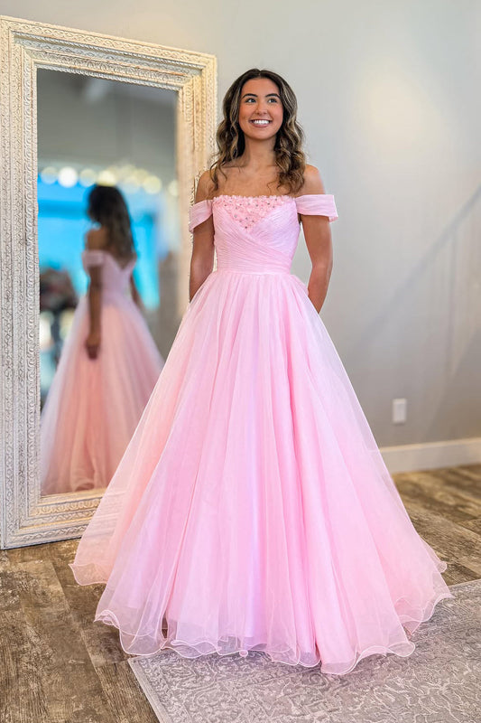 Ball Gown Off the Shoulder Pink Tulle Prom Dress with Beading