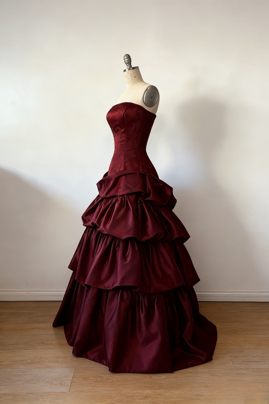Gorgeous A-Line Burgundy Prom Dress Satin Strapless Long Evening Dress Sleeveless Birthday Dress