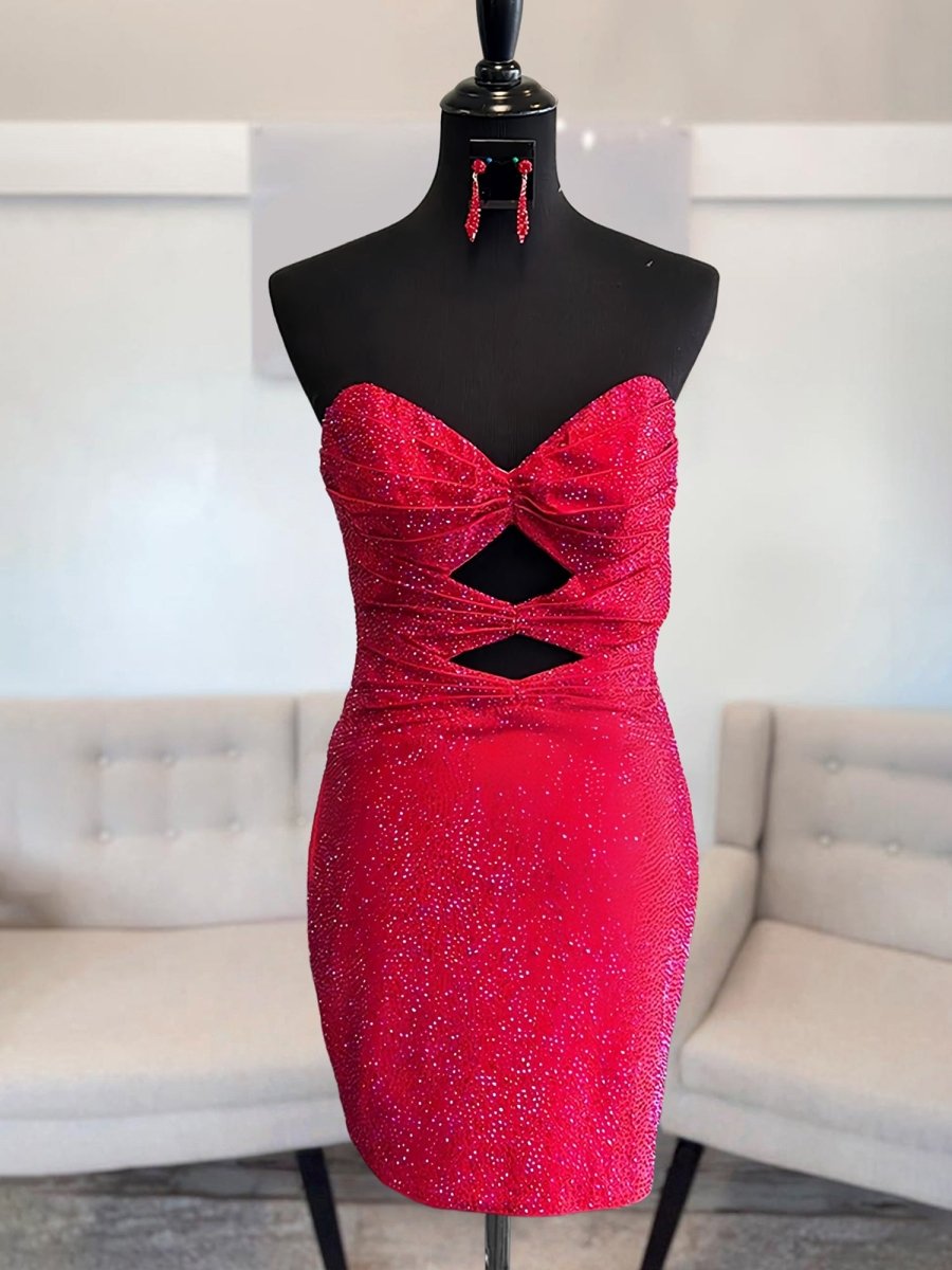 Red - Sheath Sweetheart Sequined Cut Out Mini Party Dresses