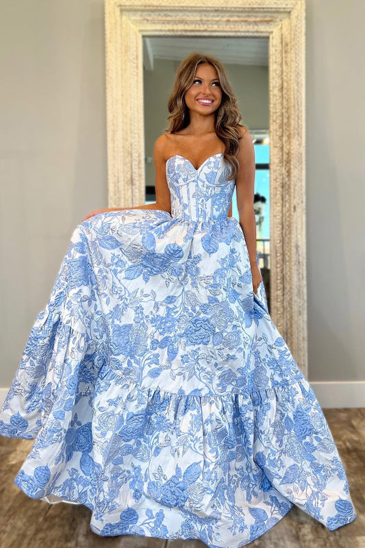 Gorgeous Ball Gown Sweetheart Light Blue Jacquard Satin Prom Dress