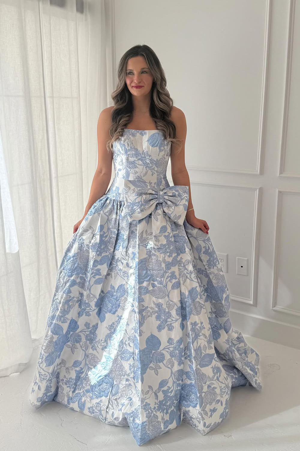 A Line Strapless Jacquard Satin Prom Dress with Bow