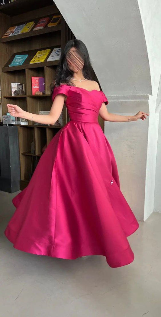 Fuchsia Off The Shoulder A-Line Party Dress, Satin Prom Dress 2024 Preppy Prom Dress, Discount 80% OFF