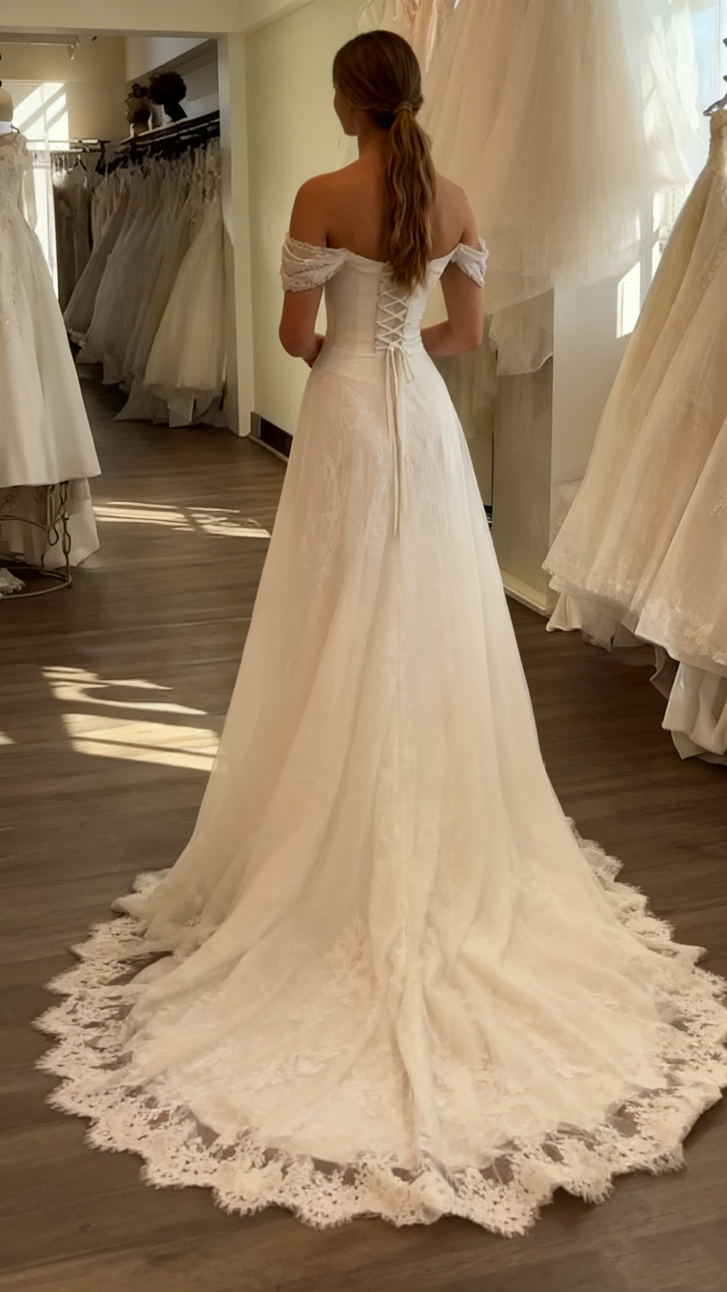 A Line White Off Shoulder Long Princess Wedding Dress