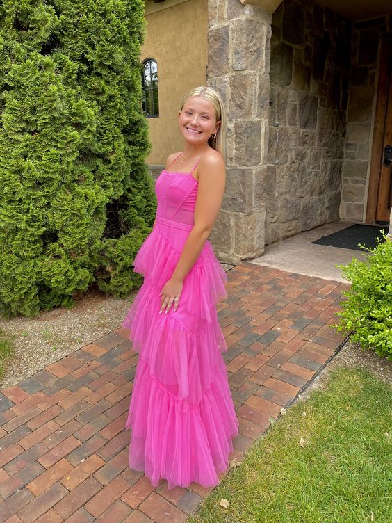 LTP0656,Pink spaghetti straps tulle long prom dress evening dresses ruffles full length dresses