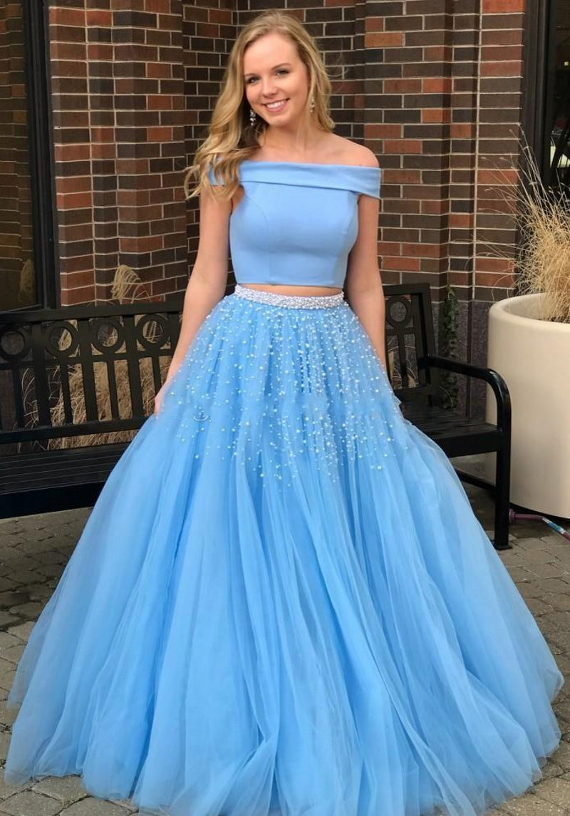 Vestido Two Pieces Sky Blue Pearl Beaded A-Line Formal Prom Dress
