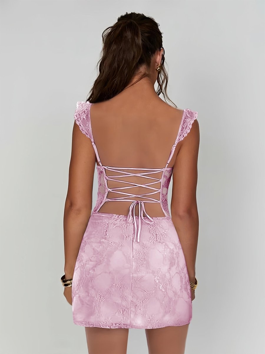 Pink - Spaghetti Straps Sheath Lace Short Homecoming & Cocktail Dress With Slit