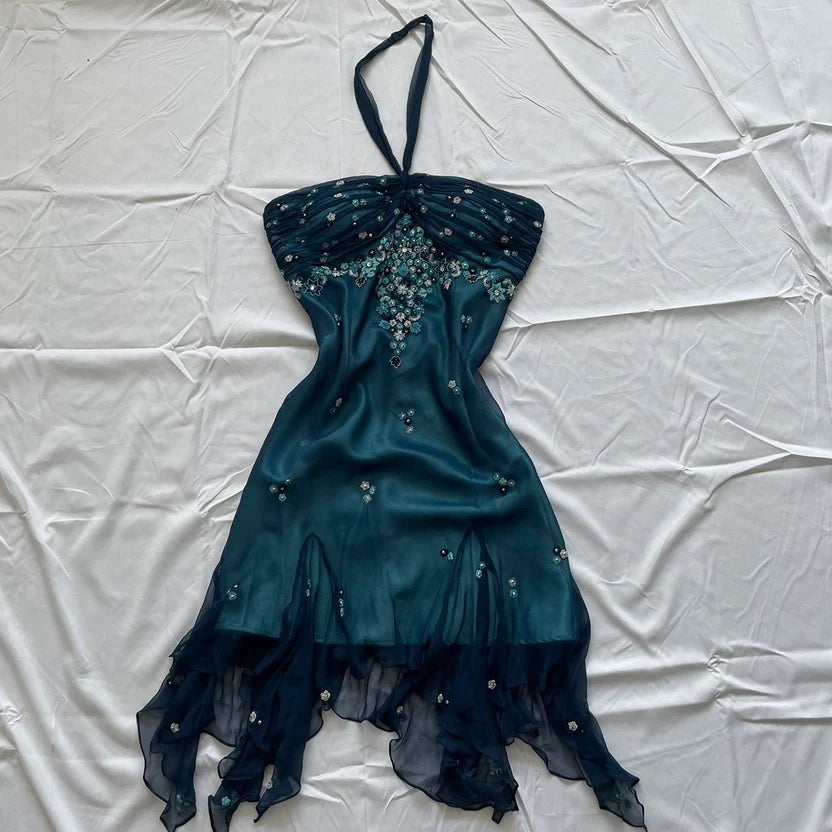 Blue Floral Beaded Short Halter Chiffon Homecoming Dress Birthday Party Dress LTP82642