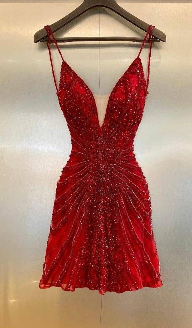 Gorgeous Spaghetti Straps Sequin Beaded Cocktail Dress Red Mini Birthday Outfits Homecoming Dress