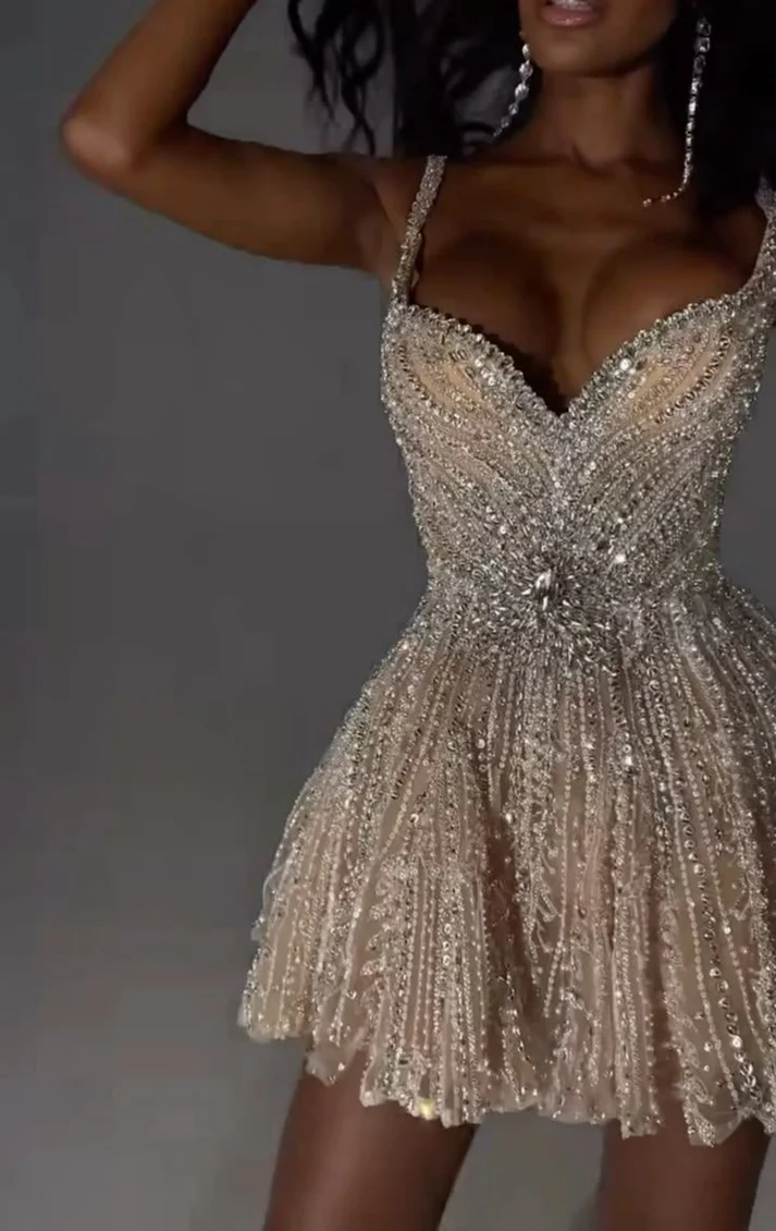Gorgeous Tulle Beaded A Line Cocktail Dress Champagne Short Homecoming Dress