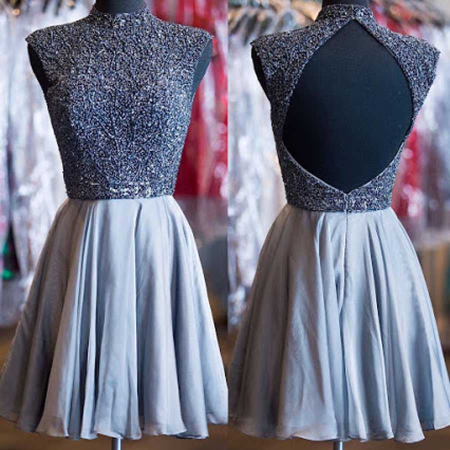 Grey beads sparkly high neck open back vintage elegant homecoming prom dress