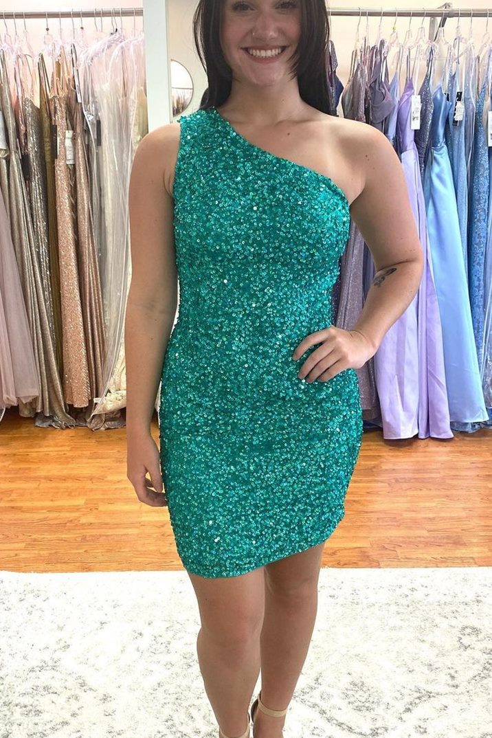 Hot Pink Sequins Tight One Shoulder Homecoming Dress