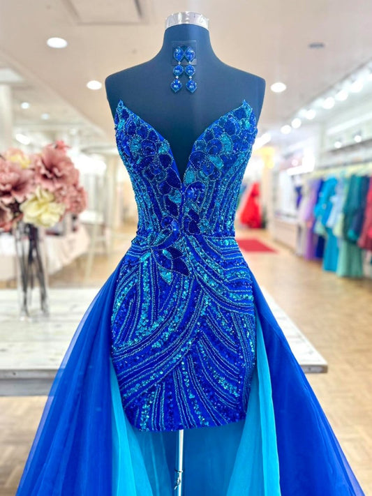 Royal Blue - Sheath V Neck Sequined Mini Party Dresses with Train