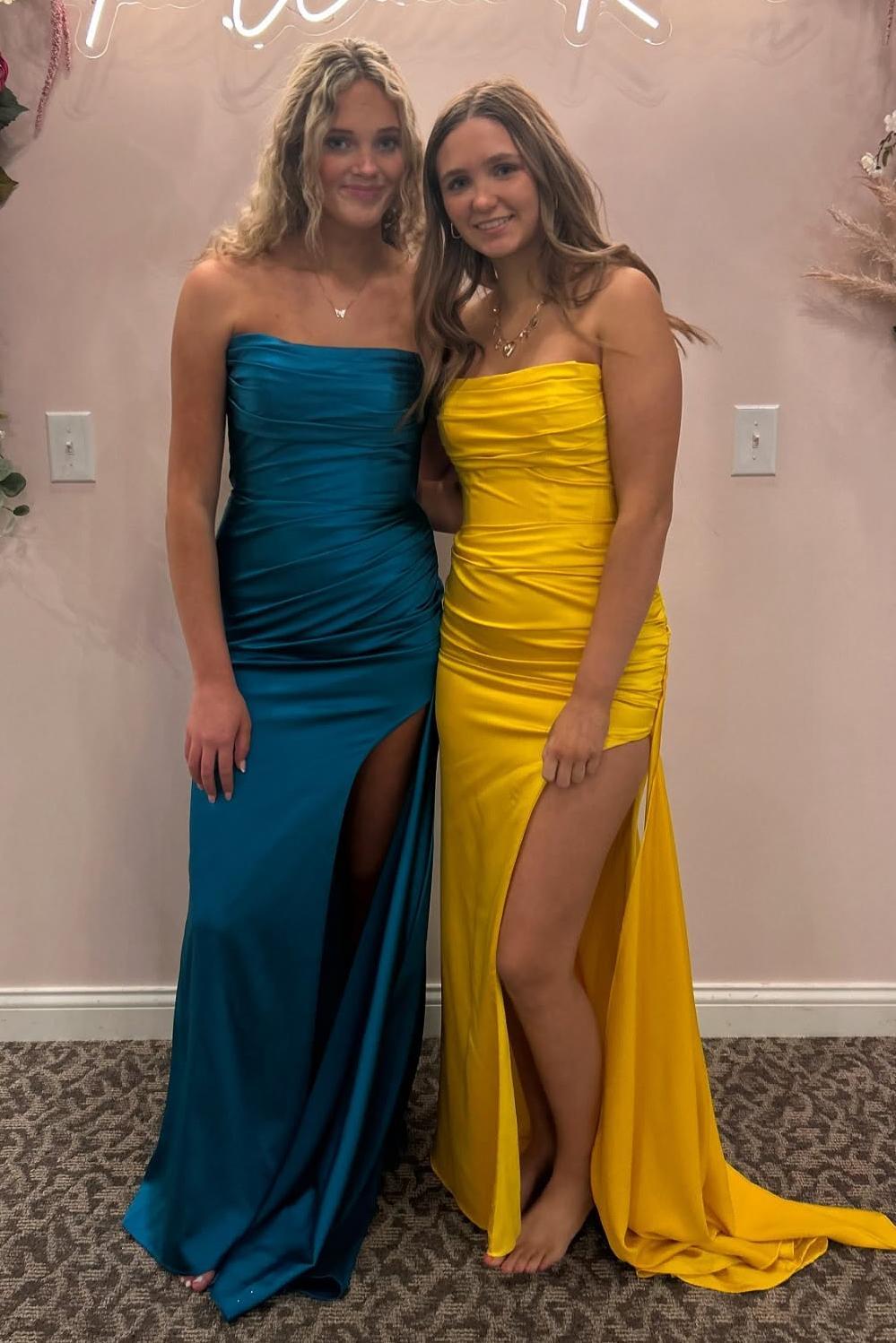 Ruched Teal Blue Satin Mermaid Prom Dress