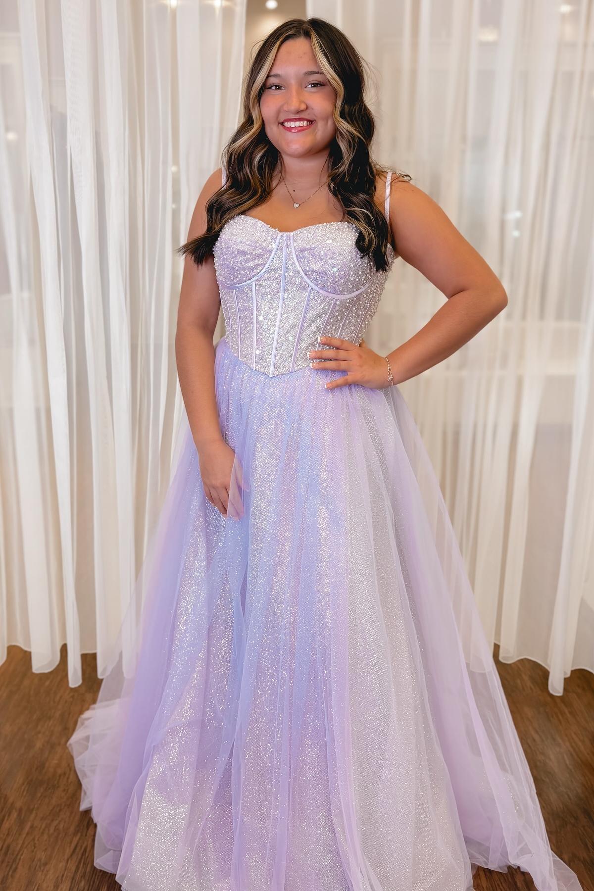 Spaghetti Straps Light Blue Sequin A-line Formal Gown