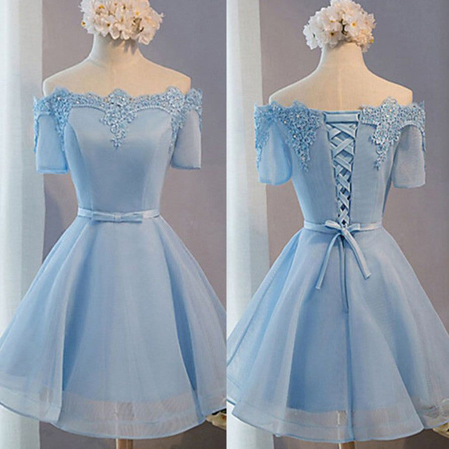Light Blue off shoulder with short sleeve lace lovely homecoming prom dresses