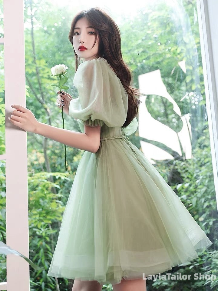 Light Green Tulle Knee Length Off Shoulder Party Dress Prom Dress, Green Homecoming Dress