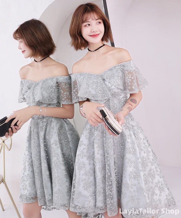 Light Grey Lace High Low Off Shoulder Homecoming Dress, Sliver-Grey Short Prom Dresses