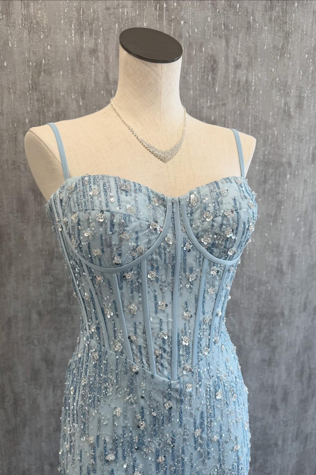 Straps Corset Light Blue Beaded Long Formal Dress