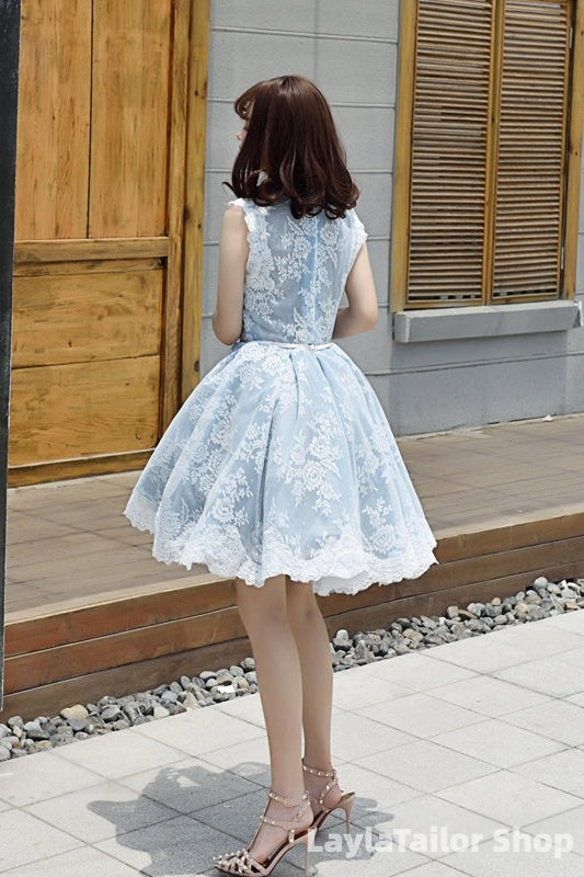 Lovely Lace Tulle Short High Neckline Homecoming Dress, Lace Short Party Dress Prom Dress