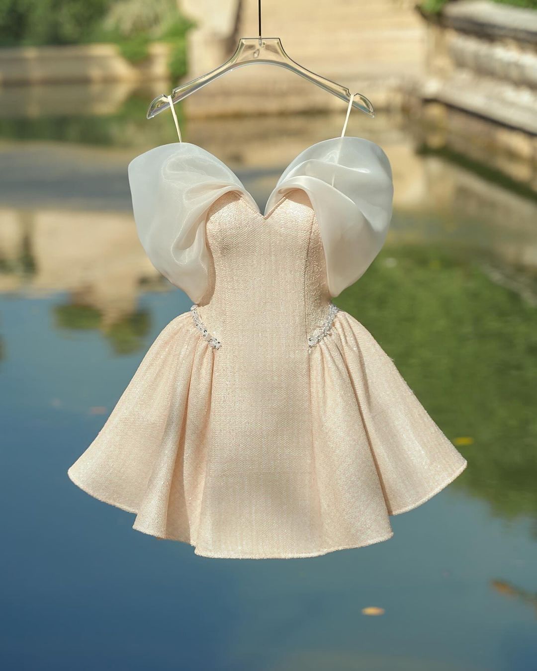 Off The Shoulder Bowknot Beige Beaded Short Dress, LTP3332