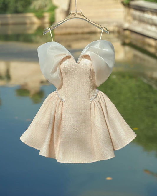 Off The Shoulder Bowknot Beige Beaded Short Dress, LTP3332