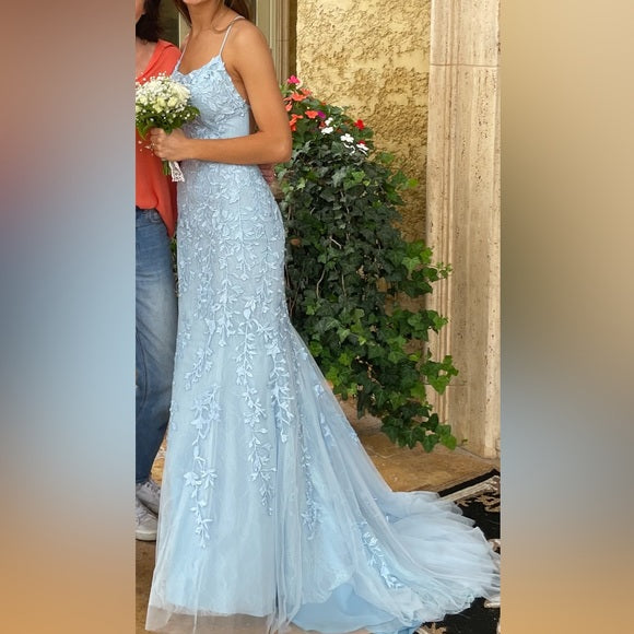 Pink Lace Appliques Mermaid Tulle Prom Dress