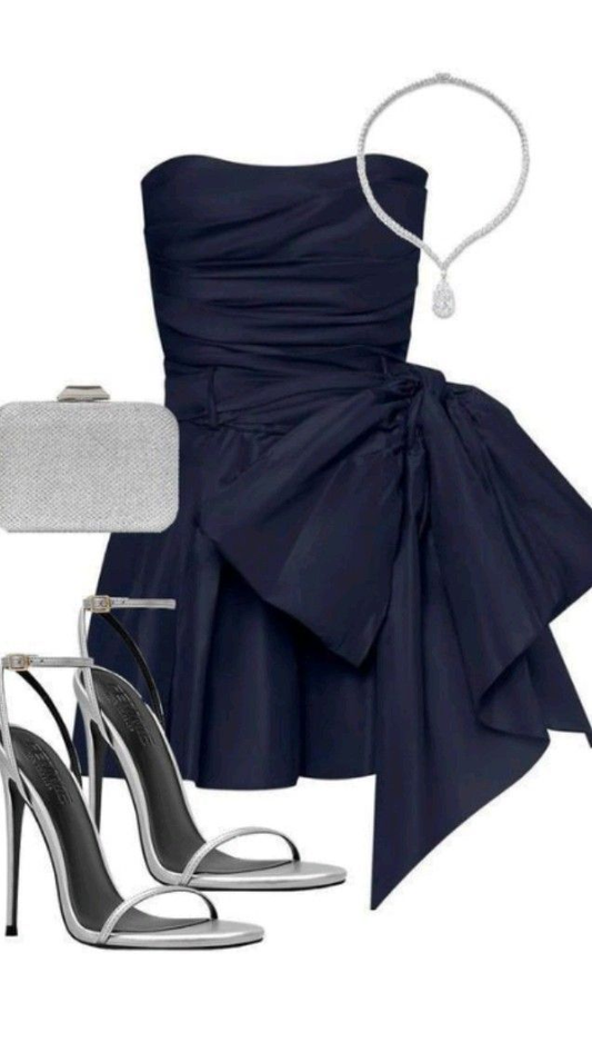 Vintage Navy Blue Strapless Bowkont Short Party Dress Homecoming Dress