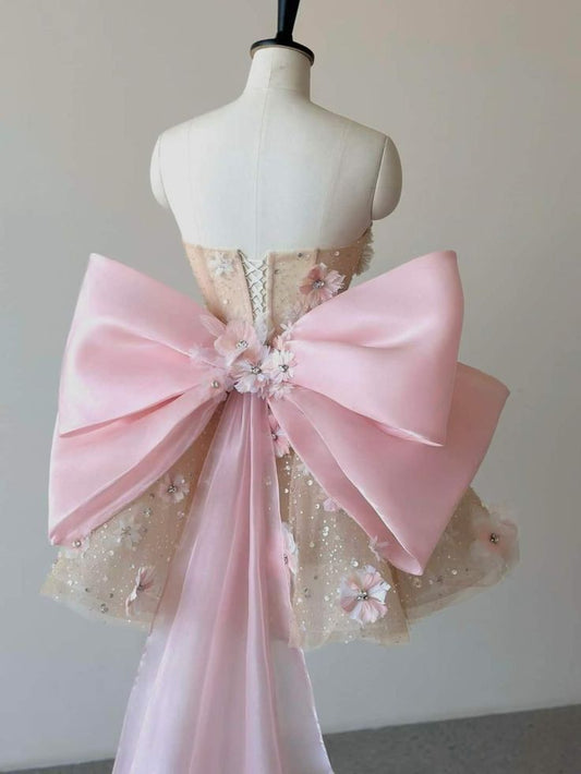Pink A Line Sweetheart Neck Floral Sequin Tulle Homecoming Dress With Bow