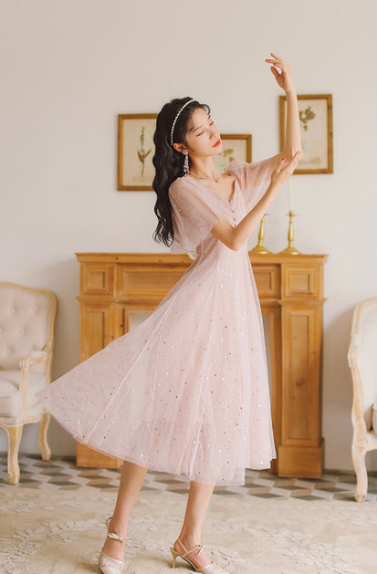 Pink Tulle V-Neckline Tea Length Homecoming Dress, Cute Pink Short Prom Dress