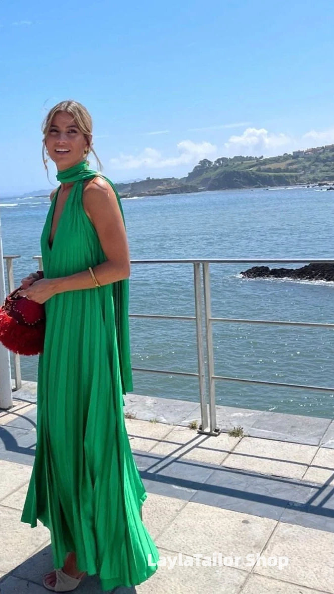 Pink/Green Fashion V-Neck Elegant Long Satin Evening Dress Party Dress Wedding Guest Dress Maternity Dress,LTP3674