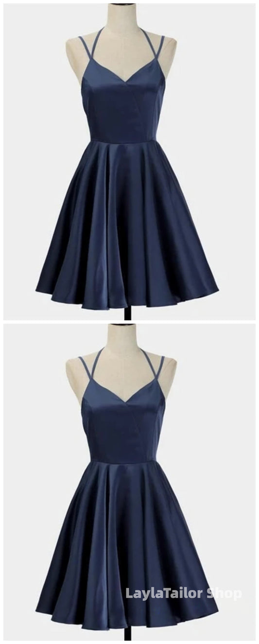 Spark Queen Simple Short Blue Sleeveless V Neck Mini Evening Dress, Women Dress, Satin Ruffles Spaghetti Straps Homecoming Dress
