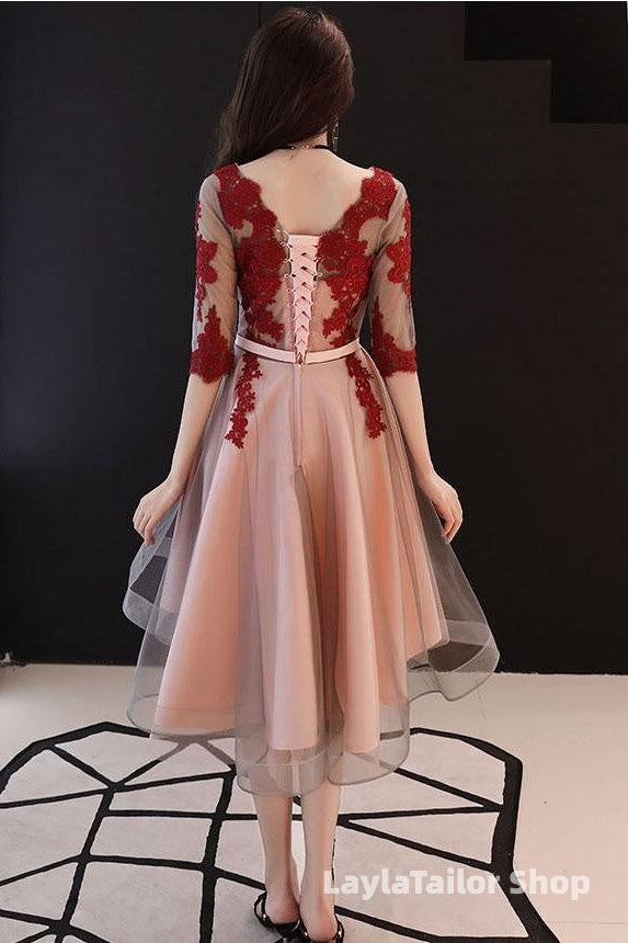 Red And Pink Tulle With Lace Short Sleeves Party Dress, High Low Homecoming Dress