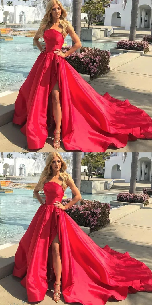 Strapless Red Satin Long Evening Prom Dress With Side Slit